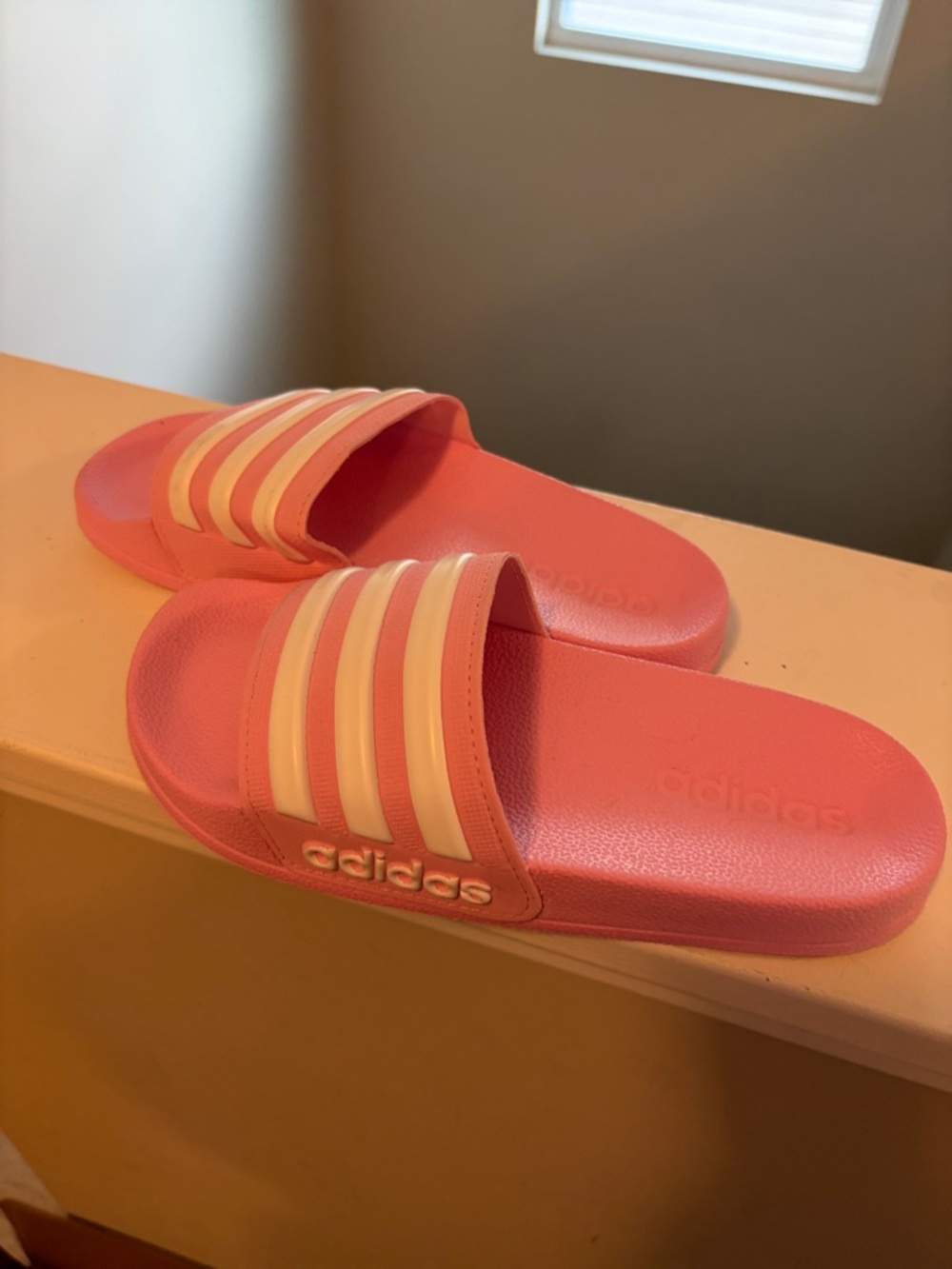 adidas Pink Slide Sandals with Cream Stripes